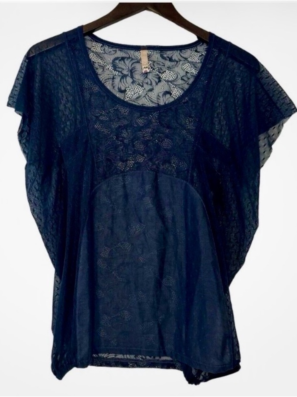 Free People Navy Lace Mixed-Material Short Sleeve Top